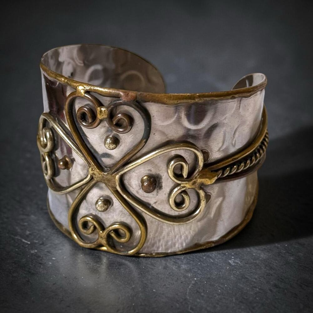 VTG Silver Tone and Brass Cuff Bracelet Womens Heart Floral Pattern Boho Greek